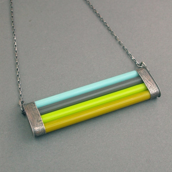 glass necklace glass cane bright oxidized sterling geometric modern bold eclectic jewelry acid green lime slate gray turquoise wearable