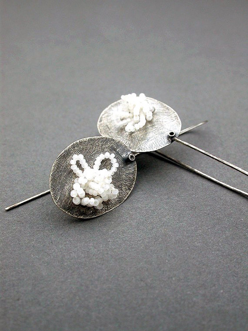 sterling silver oxidized earrings beaded white clear matte beads sewn everyday simple paddle pebble earrings jaime jo fisher image 1