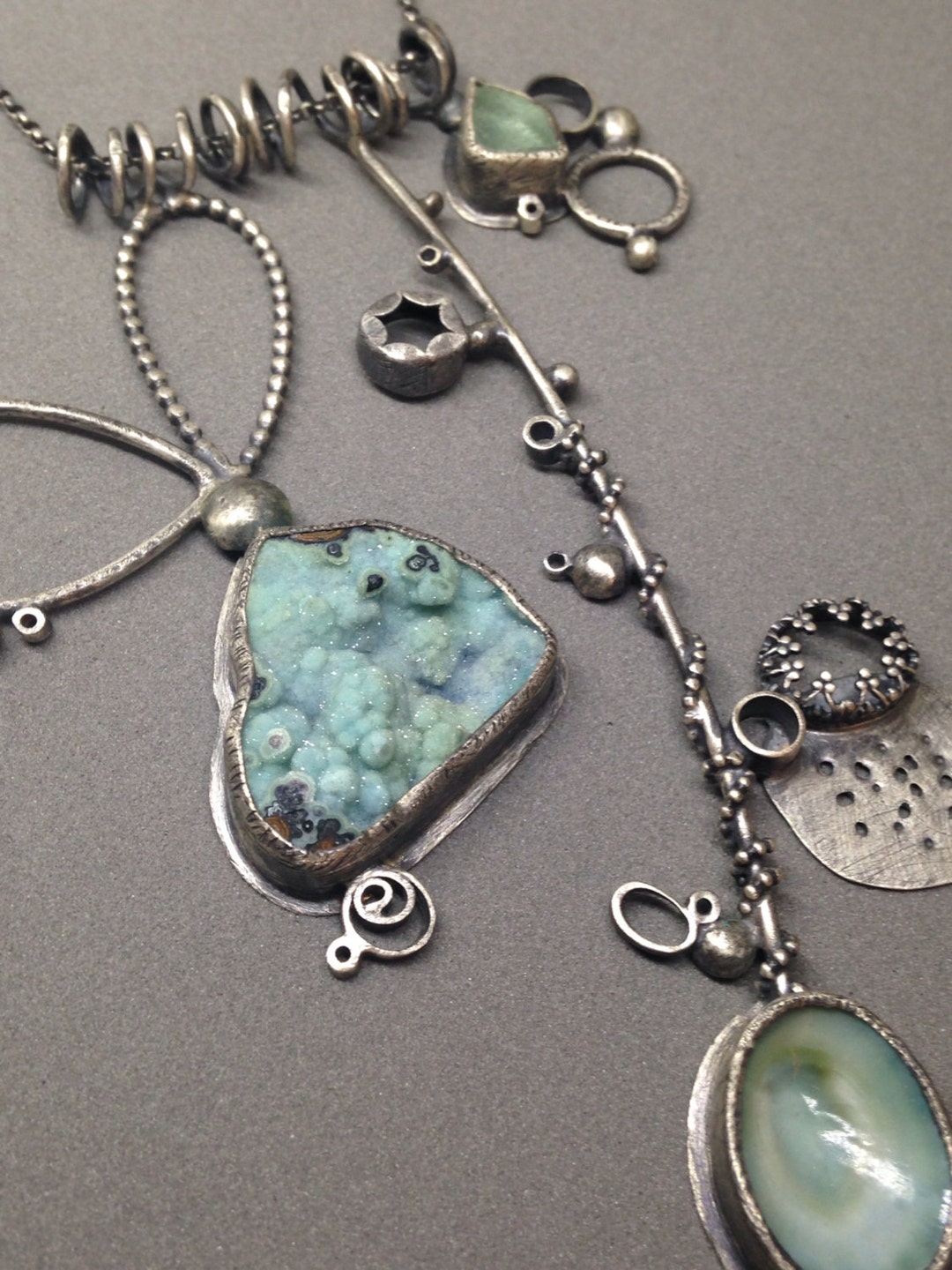Aqua Sage Green Sculptural Necklace Oxidized Multi Pendant Large