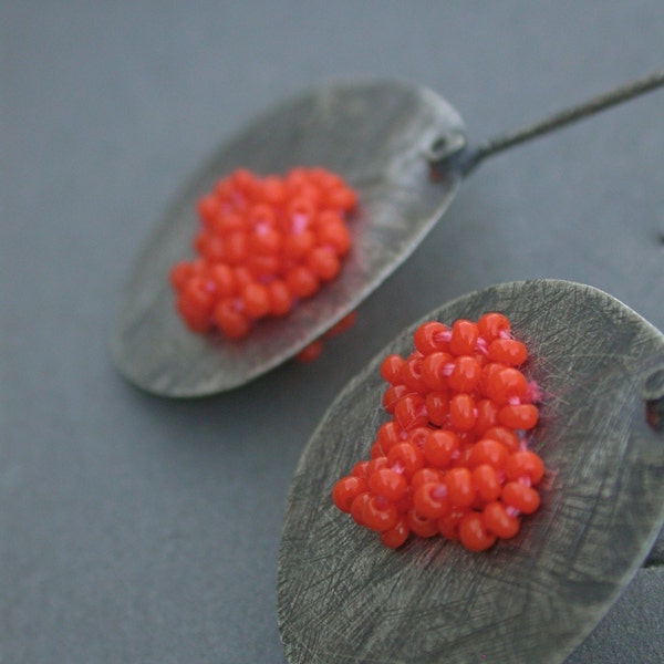 modern silver paddle beaded orange neon earrings oxidized silver art jewelry jaime jo fisher contemporary art jewelry