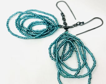 Scribble earrings in teal sparkle beaded dangle chandelier earrings oxidized sterling art earrings sculptural art jewelry jaime jo fisher