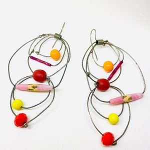 circus earrings kinetic earrings oxidized sterling statement earrings whimsical earrings red pink orange yellow earrings bohemian earrings