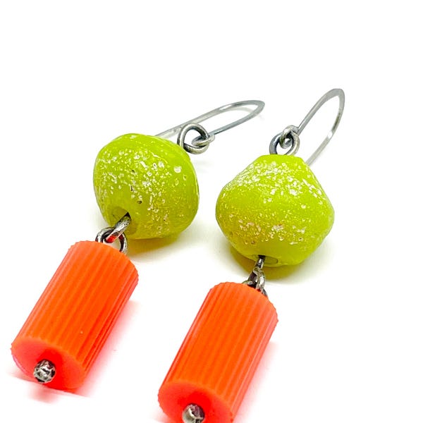 Lime green and orange dangle bead earrings orange and lime green dangle earring Halloween earrings oxidized sterling earrings green orange
