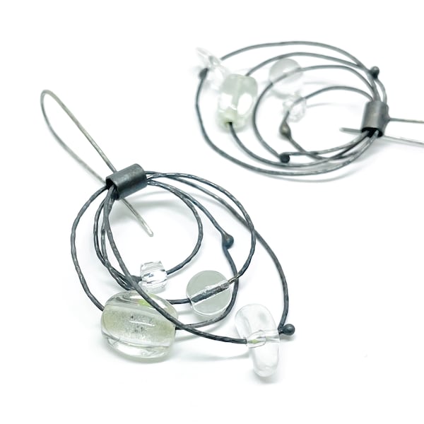 Fancy ICE clear glass earrings kinetic orbit earrings oxidized sterling silver statement earrings vintage glass earrings Czech glass beads