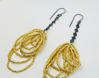 Scribble earrings in this sassy gold beaded dangle chandelier earrings oxidized sterling art earrings sculptural art jewelry jaime jo fisher