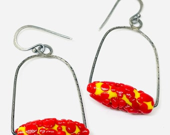 swing earrings vintage glass red splatter yellow art earrings kinetic earrings dangle everyday earrings retro mod earrings rare bead earring