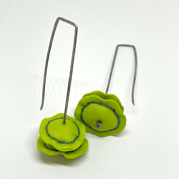 neon lime green earrings. green dangle earrings. sewn earrings.  dayglo earrings. statement earrings. oxidized sculptural earrings. unique.