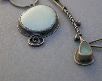 pale mint seafoam green pastel pendant charm collage necklace oxidized sterling silver statement artisan
