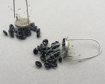 long black chandelier earrings oxidized sterling silver statement earrings glass beads sculptural earrings kinetic earrings