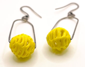 yellow spiderweb glass beads vintage glass earrings yellow bright yellow neon yellow glass earrings rectangle drop earrings organic modern