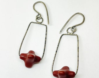 Brick red vintage glass swing earrings oxidized silver earrings dangle earrings