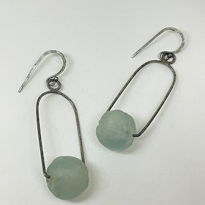 pale seafoam blue green icy ice blue light blue light green recycled glass earrings rectangle drop earrings