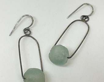 pale seafoam blue green icy ice blue light blue light green recycled glass earrings rectangle drop earrings