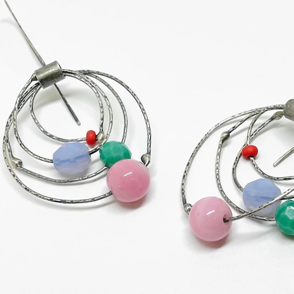 Pink Dangle earrings. Oxidized sterling silver pink purple turquoise red earrings. Multicolor earrings. Earwire dangle earrings.