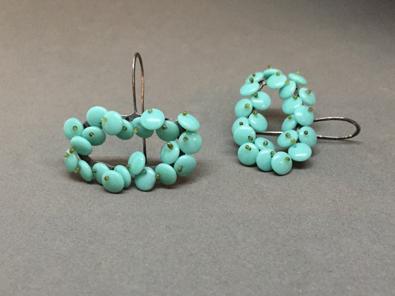 short drop earrings in turquoise aqua beaded dangle kinetic earrings oxidized sterling art earrings sculptural statement earrings image 5