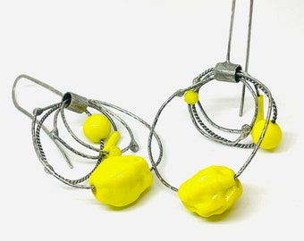 neon yellow dangle earrings kinetic earrings oxidized sterling sculptural statement earrings whimisical fun