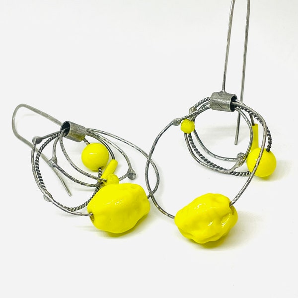neon yellow dangle earrings kinetic earrings oxidized sterling sculptural statement earrings whimisical fun