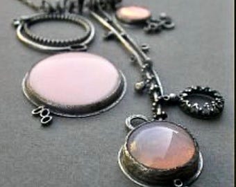 soft pale pink sculptural large necklace wearable art jewelry modern vintage glass necklace oxidized silver