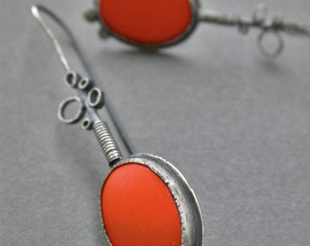 orange drop dangle earrings with bubble metal detail dangle earrings vintage glass long sleek sophisticated statement jewelry modern