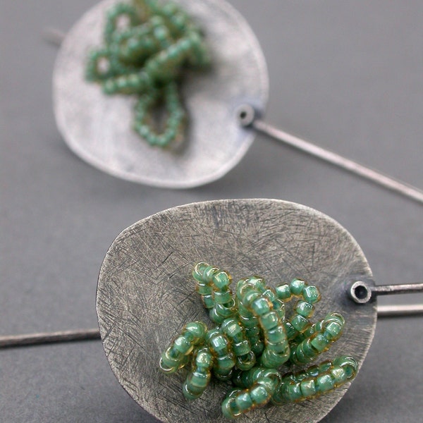 oxidized sterling earrings art jewelry modern beaded simple everyday peacock teal green jaime jo fisher hip unique
