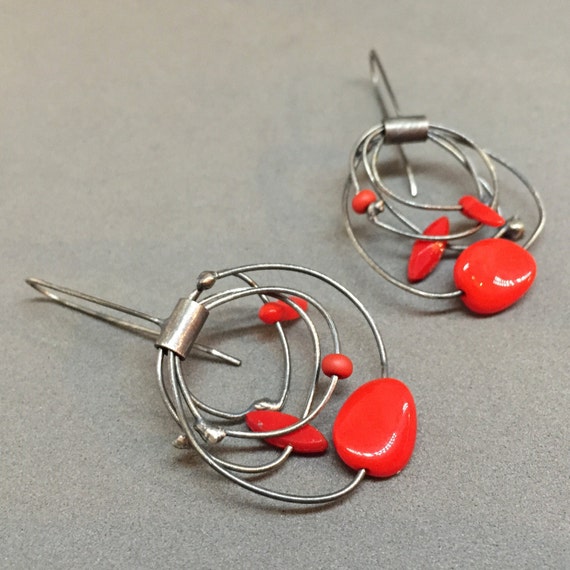 red orbit dangle earrings kinetic earrings oxidized sterling sculptural earrings whimsical red earrings