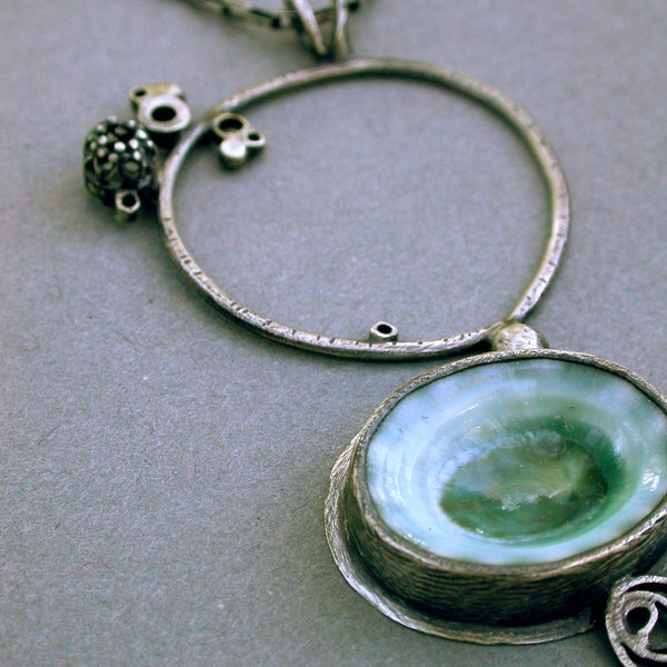 shell necklace beachy necklace limpet necklace pendant aqua turquoise ocean sea blue metalsmith art jewelry shell beach water surf lifestyle