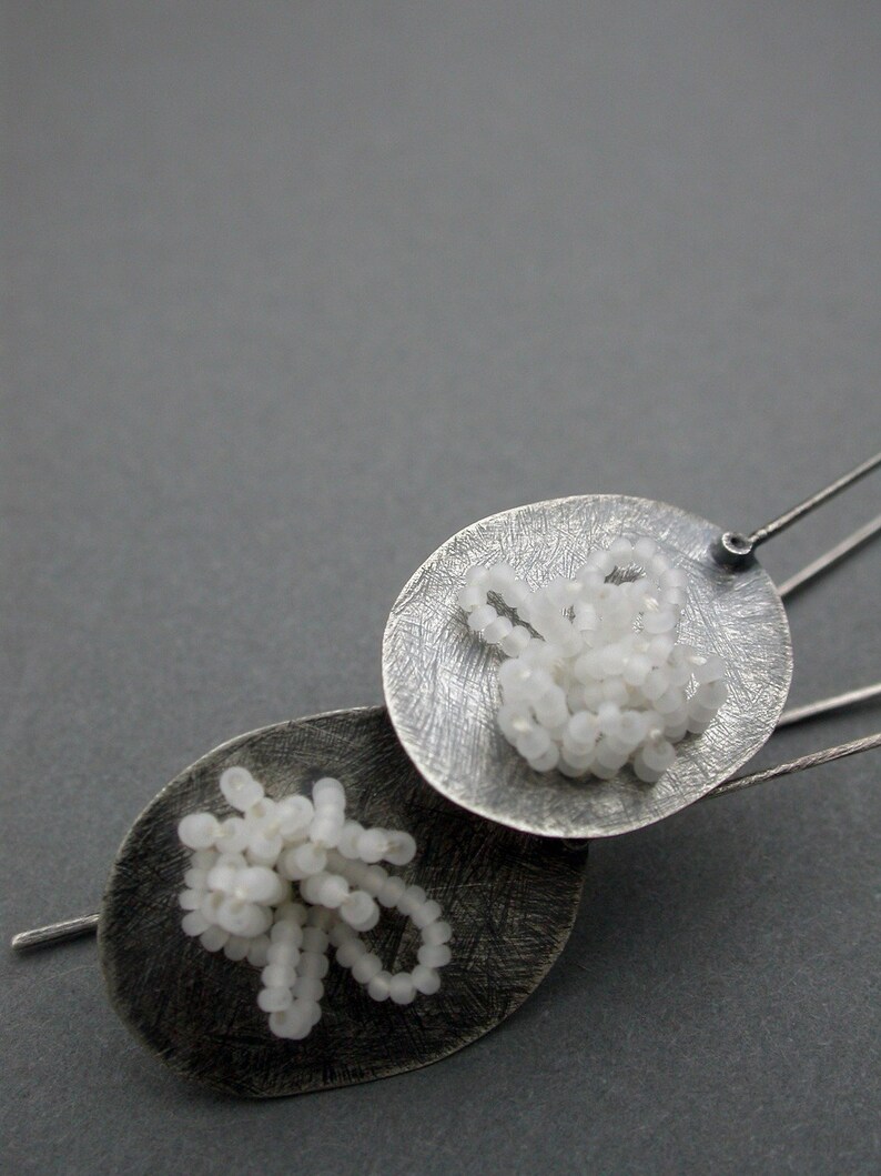 sterling silver oxidized earrings beaded white clear matte beads sewn everyday simple paddle pebble earrings jaime jo fisher image 2