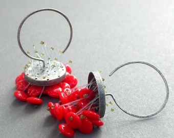 Hot poppy lipstick red bright chandelier earrings oxidized sterling silver statement earrings pop of color earrings