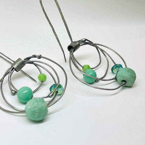 seafoam green earrings kinetic orbit earrings oxidized sterling sculptural statement earrings whimisical vintage seafoam mint green earrings