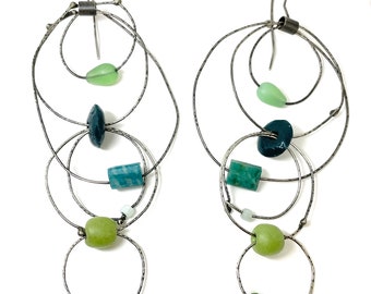 circus earrings kinetic earrings oxidized sterling statement earrings whimsical earrings blue teal, green, seafoam mint bohemian earrings