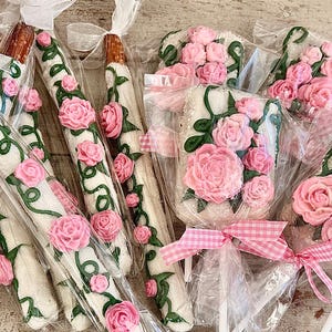 Rose Vine White Chocolate Pretzel Rods(6) & Rice Krispie Treats(6). (12 Pieces Total)