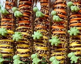 Bâtonnets de bretzel au chocolat sur le thème des dinosaures (1 douzaine)