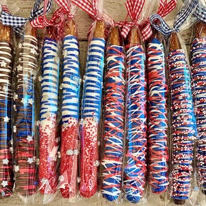 Red, White, & Blue Chocolate and White Chocolate Pretzel Rods (2 doz)