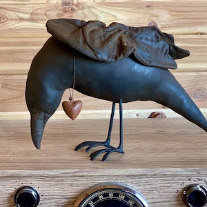 Primitive Handcrafted Stuffed Muslin Raven With Rusty Bell