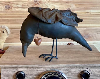 Primitive Handcrafted Stuffed Muslin Raven With Rusty Bell
