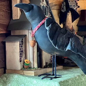 Primitive Stuffed Muslin Raven With Rusty Bell