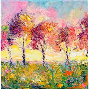 Landscape Painting Original Oil Painting Autumn Colorful Trees Artwork Thick Texture Palette knife Impasto Wall Decor Forest