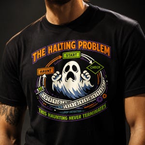 May include: A black t-shirt featuring a graphic of a white ghost surrounded by a circular binary code pattern. The text reads THE HALTING PROBLEM, START, HAUNT, CHECK, and THIS HAUNTING NEVER TERMINATES with the phrase I LOOP DETECTED included.