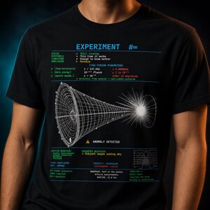 May include: A black t-shirt featuring a white graphic of a conical space-time diagram with a bright light source at the tip. The design includes scientific text labels, data tables, and the phrase "EXPERIMENT #∞" in blue, green, and red text.