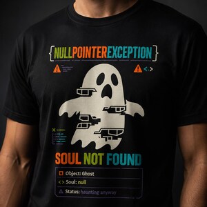 Camiseta "Alma no encontrada", camiseta de Halloween para programadores, camiseta de excepción de puntero nulo, regalo fantasma para programadores, camiseta de disfraz para desarrolladores de software