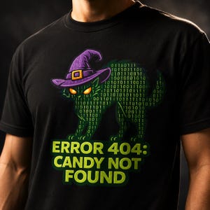 „Fehler 404 – Süßigkeiten nicht gefunden“-Shirt, Schwarze-Katze-Halloween-T-Shirt, Programmierer-Hexenkatzen-T-Shirt, Halloween-Geschenk für Programmierer, Kostüm-Shirt für Nerds