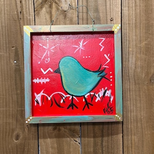 Folk Art Bird Painting: Whimsical Acrylic on Wood, Distressed Frame