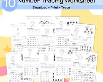 Number Tracing Worksheets 1-10, Preschool Kindergarten Practice (Digital Download)