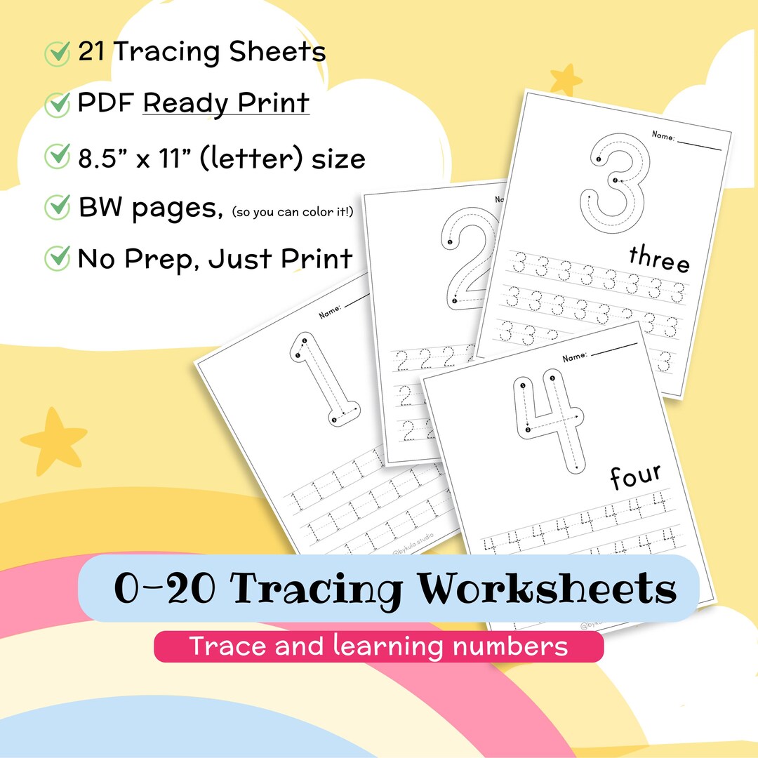 Number Tracing Worksheets 0-20, Kindergarten Practice (PDF Pattern) - Etsy