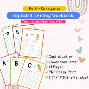 Alphabet tracing worksheet for pre school kindergarten. Trace ABC capital letter and lowercase printable. 78 pages