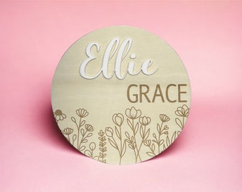 Laser Engraved Flower Name Sign, Round Baby Name Plaque, Baby Photo Prop, For Baby Announcement, Baby Shower Gift, Wood Decor sign
