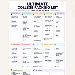 May include: A white printable checklist titled Ultimate College Packing List with 155 essentials for dorm life. The document features eleven color-coded categories including Bedding & Sleep, Bath & Toiletries, Clothing & Shoes, and Study & School.