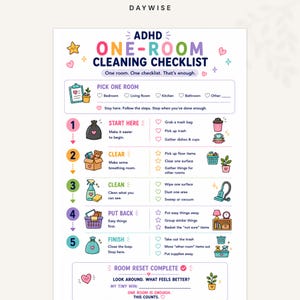Peut inclure: Une liste de contrôle de nettoyage d'une pièce pour TDAH sur fond blanc avec des icônes et du texte colorés. Elle présente cinq étapes numérotées : Start Here, Clear, Clean, Put Back et Finish, avec des cases à cocher pour diverses tâches.