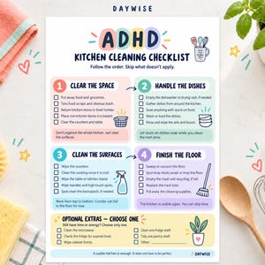 Peut inclure: Une liste de contrôle en papier blanc intitulée ADHD Kitchen Cleaning Checklist avec quatre sections numérotées : Clear the Space, Handle the Dishes, Clean the Surfaces et Finish the Floor, ainsi qu'une section Optional Extras, avec des icônes et du texte colorés.