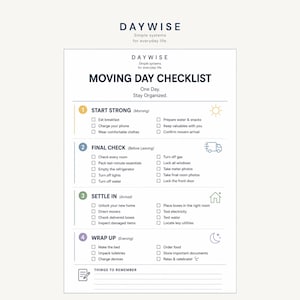 Op de afbeelding: Een verhuischecklist op wit papier met de titel DAYWISE, verdeeld in vier secties: Start Strong, Final Check, Settle In en Wrap Up. Elke sectie bevat genummerde cirkels, selectievakjes en iconen zoals een zon, vrachtwagen, huis en maan.